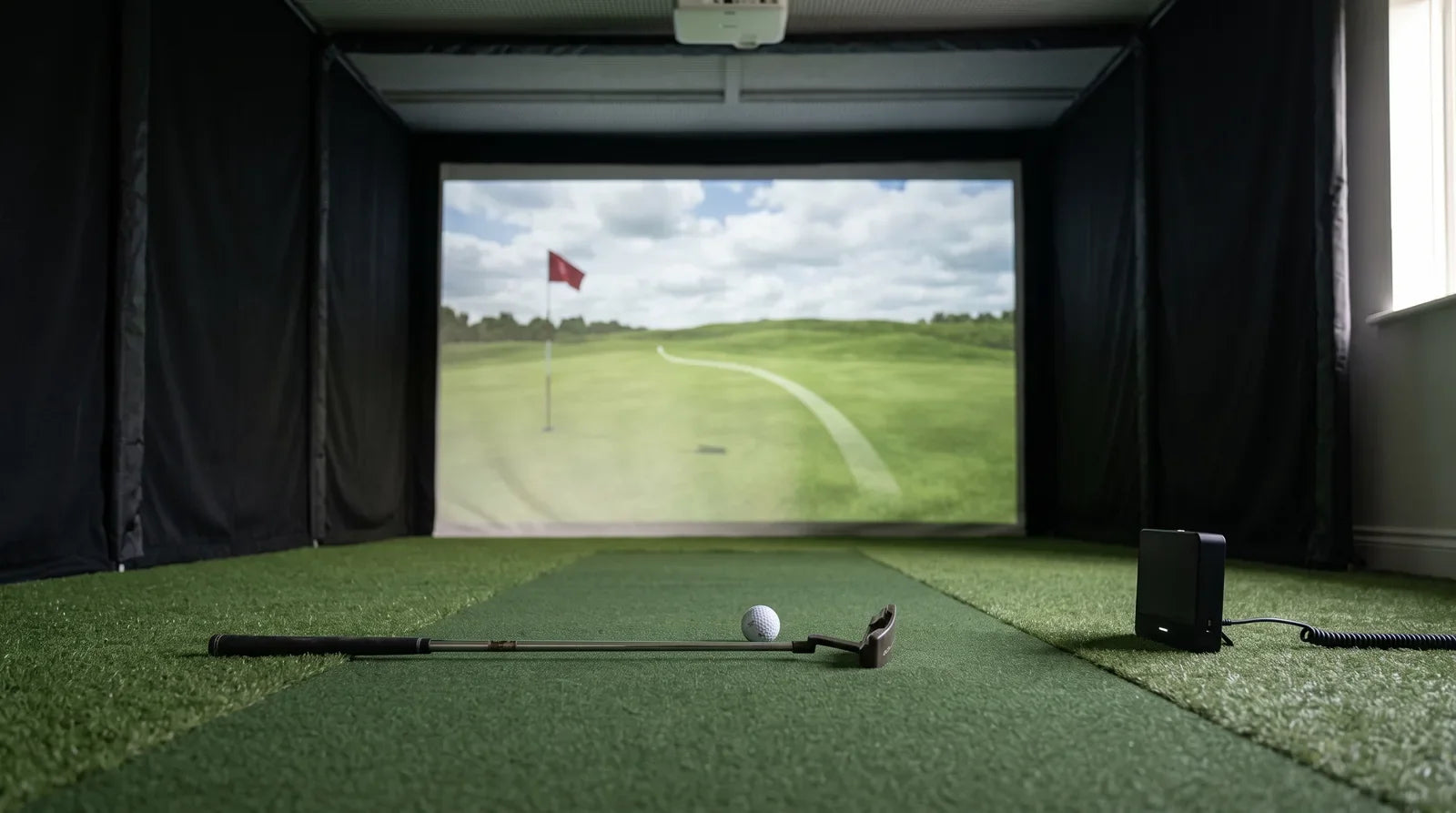 A home golf simulator bay with putting turf running to the screen, a putter and ball on the putting strip and a camera launch monitor beside the ball